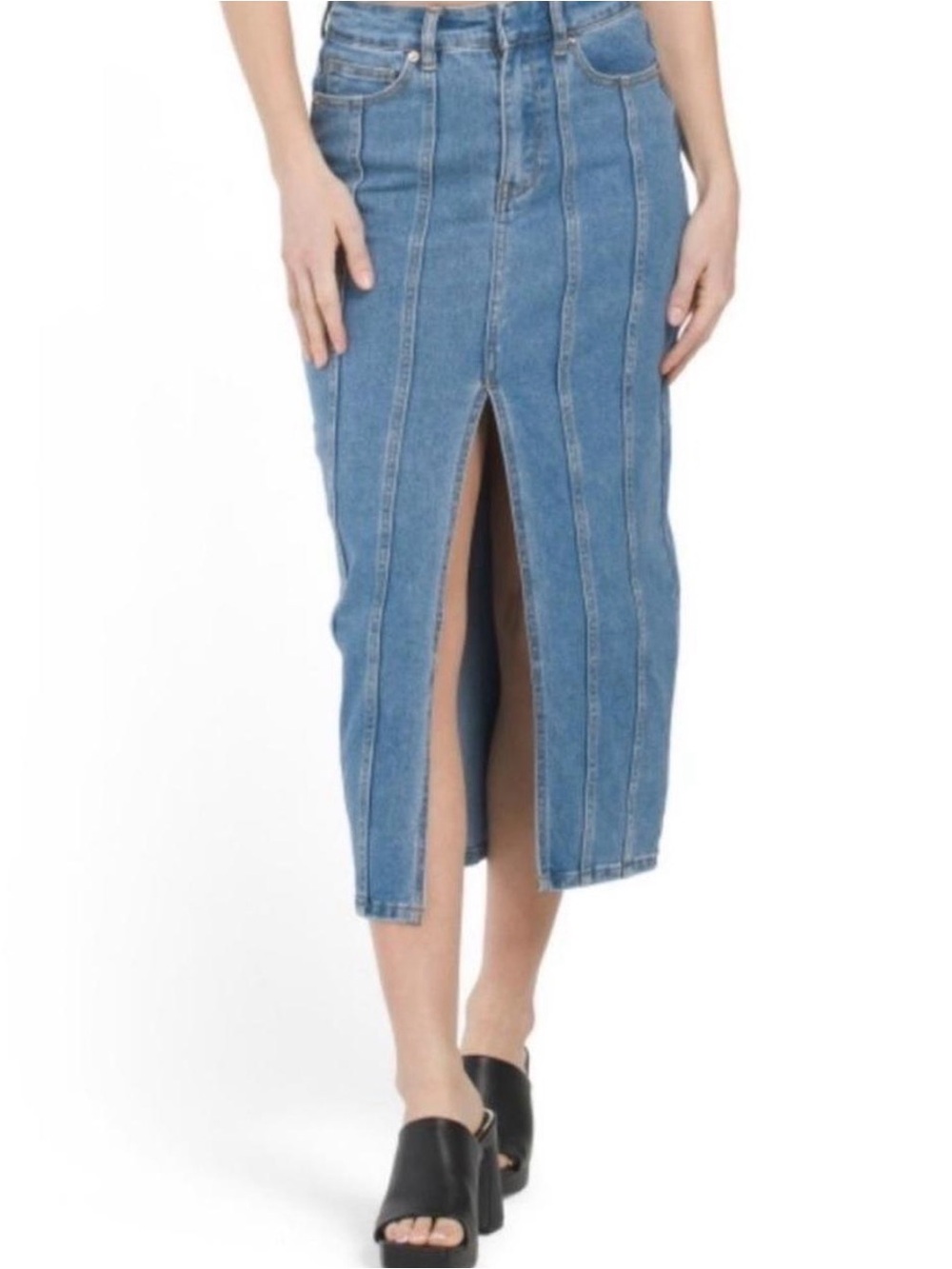 House of Harlow 1960 Light Blue Denim Midi Skirt with Front Slit Size 6